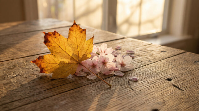 Autumn Leaves and Spring Blossoms Meeting on Wooden Surface. Close-up of golden maple leaf touching cherry blossom petals on rustic oak table, warm sunset light creating soft shadows