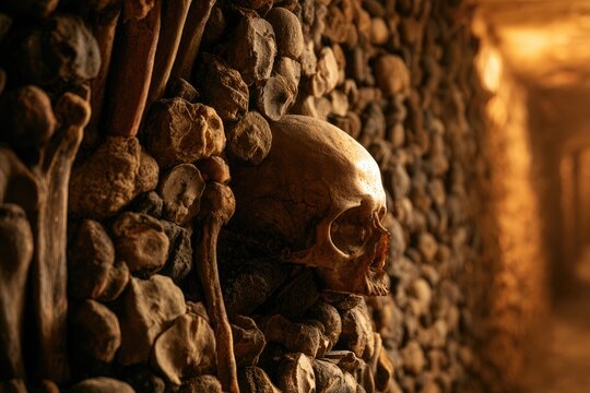 Human skull and bones form a wall in a dimly lit underground tunnel