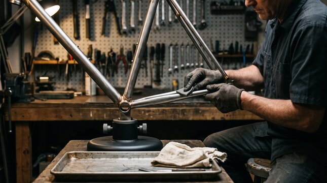Artisan hand-finishes a bespoke steel bicycle frame