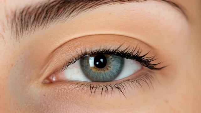 A detailed view of a human eye with a striking blue iris.