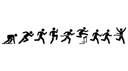 Obraz premium Sequence of running athletes from start to finish line, showing hurdles and victory pose, representing speed and competition