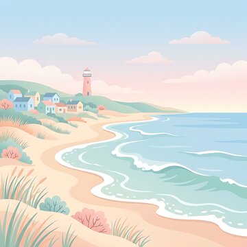 Flat vector illustration of coastal waves at soft morning light