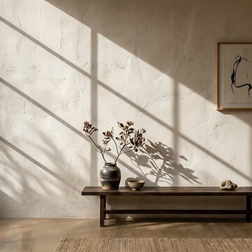 Smooth clay-troweled wabi-sabi wall with diagonal window shadows