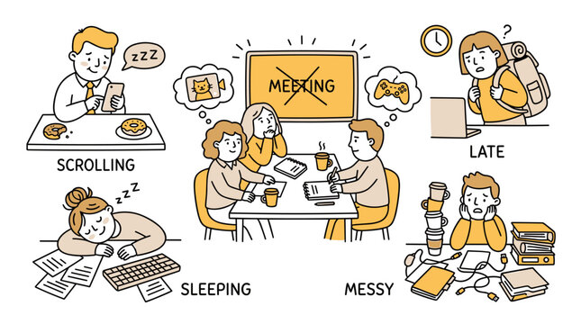 Set of icons illustrating common life issues and challenges, like scrolling, sleeping, and being late, with a central meeting scene showing
