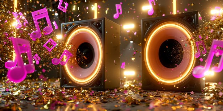 Vibrant glowing speakers surrounded by floating pink musical notes and golden confetti for a festive party atmosphere.