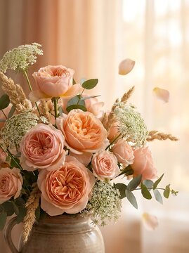 Soft peach and pink roses bouquet with floating petals