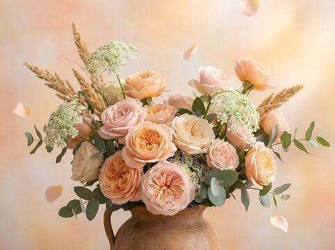 Soft peach and pink roses bouquet with floating petals