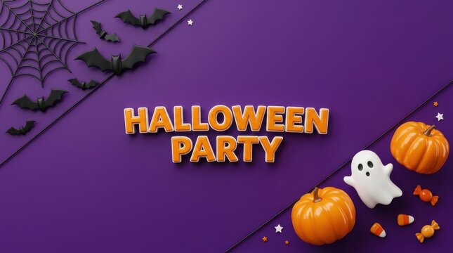 Halloween party text design with cute ghost pumpkins bats and candy on a purple background