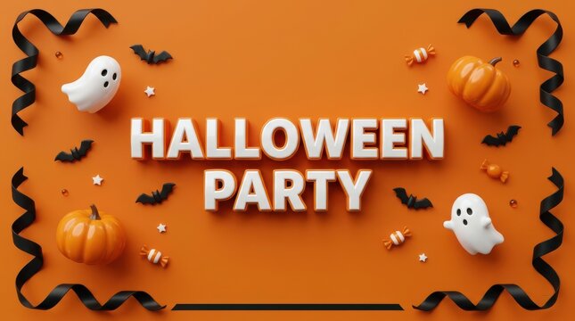 Halloween party banner with cute ghost and pumpkin characters on a bright orange background