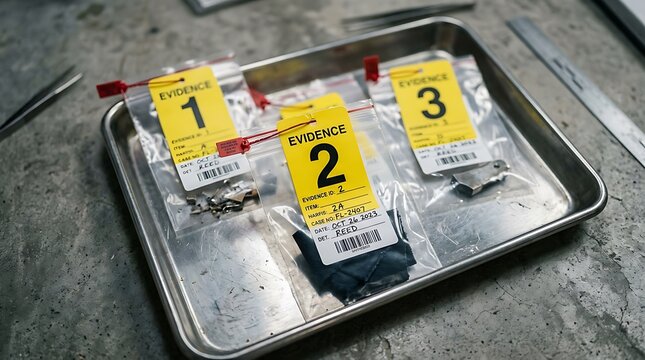 Forensic evidence bags containing metal fragments and fabric on a metal tray