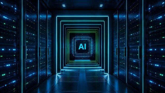 Futuristic data center server room with glowing neon blue corridors leading to artificial intelligence microchip processor