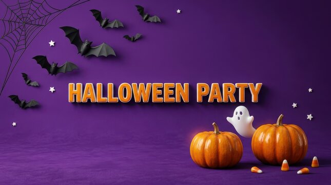 Halloween party text with cute ghost flying bats and orange pumpkins on a dark purple background