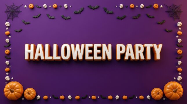 Halloween party text with pumpkin and bat border on a dark purple background