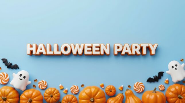 Halloween party text with cute ghosts pumpkins bats and candies on a blue background