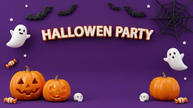 Halloween party banner with ghost pumpkins and bats on a purple background