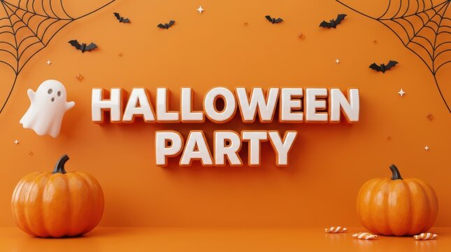 Halloween party text banner with cute ghost pumpkin spider web and bats on orange background