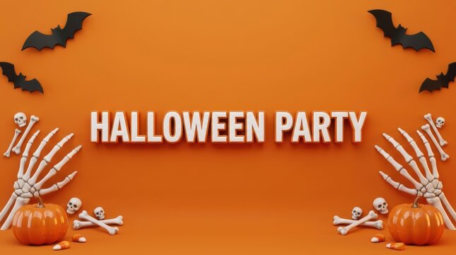Halloween party text banner with skeleton hands pumpkins and flying bats on an orange background