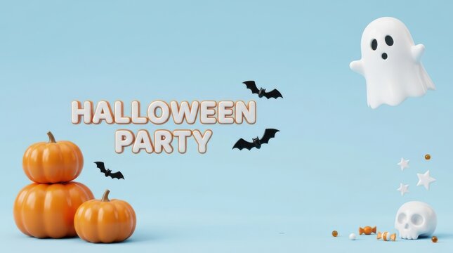 Halloween party background with pumpkins, cute ghost, bats, and skull on blue