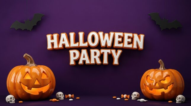 Halloween party text banner with orange pumpkins and skulls on a dark purple background