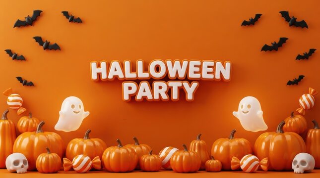 Halloween party text banner with cute ghosts pumpkins and bats on orange background