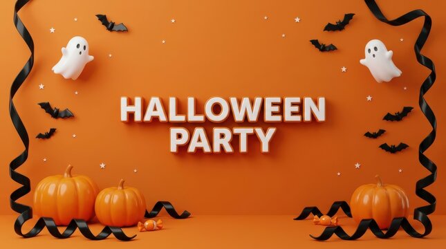 Halloween party text banner with cute ghosts bats and pumpkins on orange background