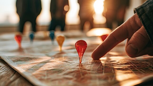 Finger pointing to red pin on map, blurred figures and sun in background