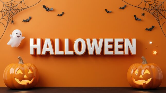 Halloween word sign with cute ghost bats and carved pumpkins on an orange background