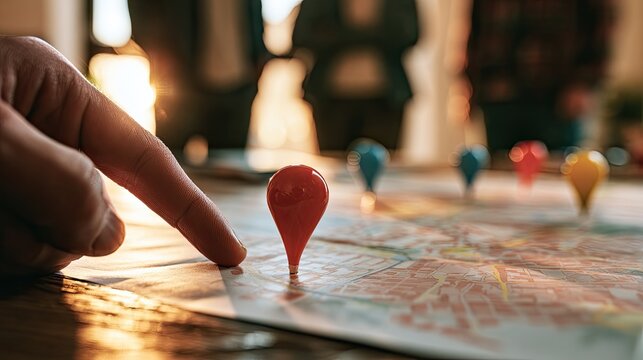Hand pointing at red map pin on city layout, planning, strategy, teamwork