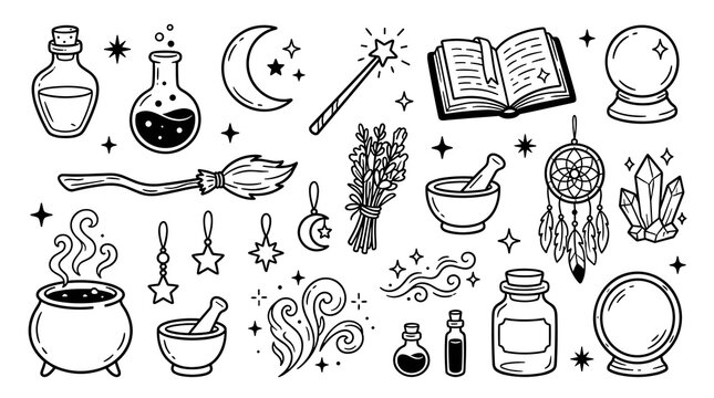 Hand drawn occult and witchcraft elements, cauldron, potion bottles, crystal ball, magic wand, broom, moon and stars, detailed outline icons for