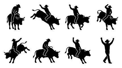 Fototapeta premium Silhouette icons of rodeo bull riders in action, some bucking, one cowboy celebrating victory, cowboy hat western sport, dynamic poses