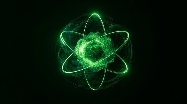 Glowing green atom model with orbiting electrons and energy particles representing quantum physics and science concept molecule particle electron abstract technology