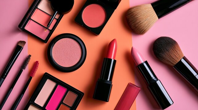 Flat lay of makeup products and cosmetics including lipstick brushes and eyeshadow palettes on pink and orange background with cosmetics lipstick eyeshadow background