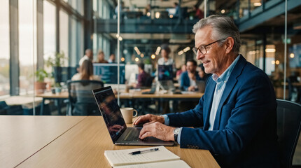 Fototapeta premium a senior businessman types on a laptop at a shared modern office desk while colleagues collaborate in the background
