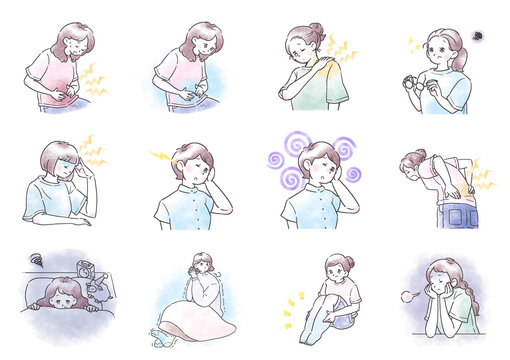 女性の体調不良のイラストセット