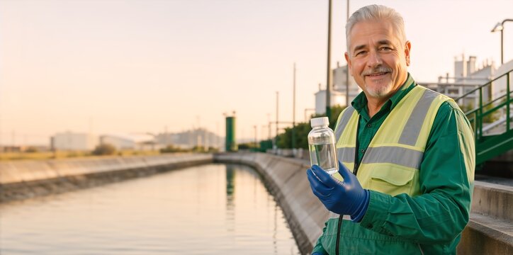 Water quality inspector holding a sample bottle at a treatment facility. Mature male environmental engineer in safety vest by a canal
