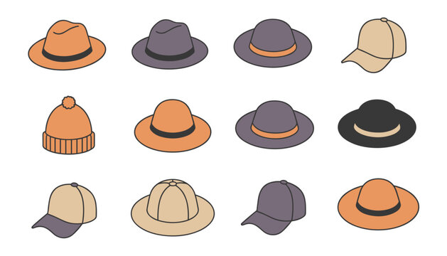 Various stylish hats including fedoras beanies and baseball caps are neatly arranged in a colorful grid pattern.