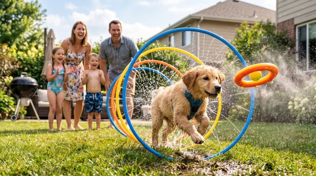 golden retriever puppy jumping through hoops in a sunny backyard with a family
