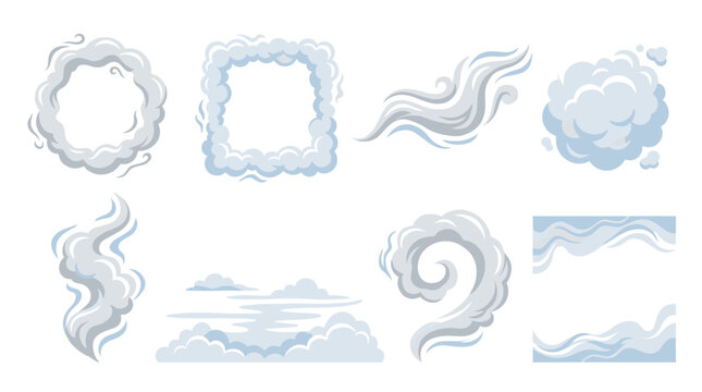 Set of steam and cloud elements in retro style, smoke trails, wind gust effects, weather patterns, atmospheric vapor, digital game assets