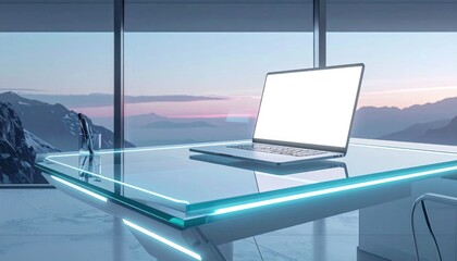 Fototapeta premium Laptop with empty screen on futuristic glass desk in office with mountain view, digital technology business setup