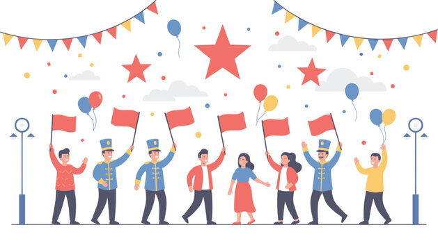 People in festive attire and marching band uniforms wave red flags and balloons under giant red stars and bunting banners.