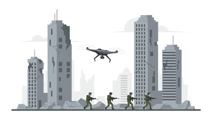 Fototapeta premium Military soldiers march through a ruined city street while an advanced surveillance drone flies overhead.