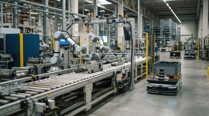 Fototapeta premium Industrial AI automation in a smart factory with synchronized robot arms, autonomous mobile robot, sensor arrays, and conveyor rollers