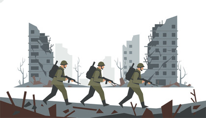 Fototapeta premium Active military combat soldiers run through a destroyed urban city landscape during wartime.