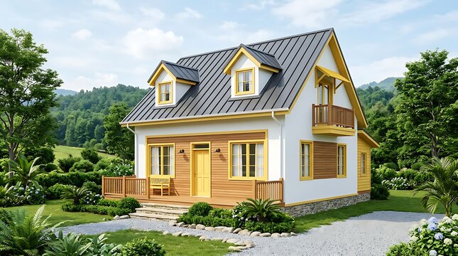 Modern two-story cottage house with wooden siding, yellow accents, and lush garden landscape scenery