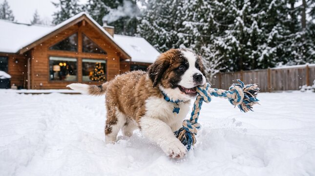 saint bernard puppy playing with a rope toy in the snow outside a cozy winter cabin