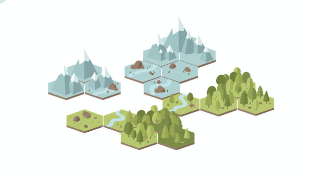 Isometric hexagonal map tiles featuring snowy mountains, flowing rivers, green forests, and rural cabins in a landscape.