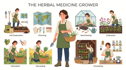 Fototapeta premium Colorful illustrated guide to herbal medicine growing from planting to harvesting and storage