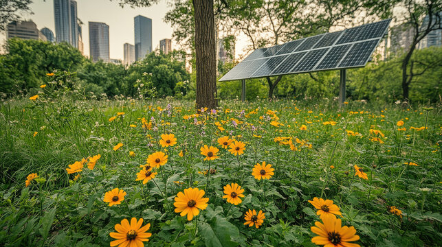 Urban green space with solar panel and wildflowers, blending nature and renewable energy in a city.
