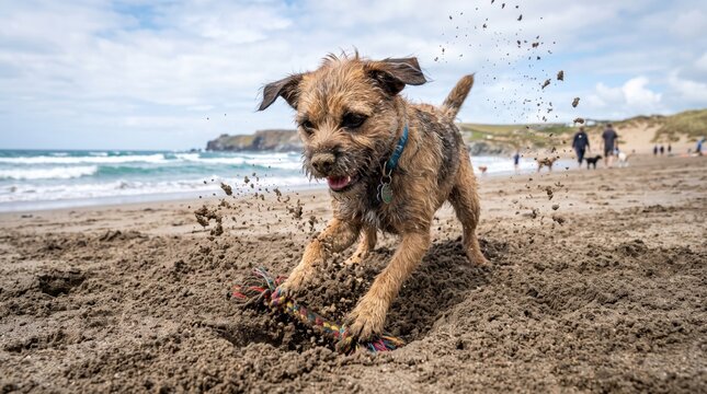 brown dog playing and digging in the wet sand at the beach on a sunny day