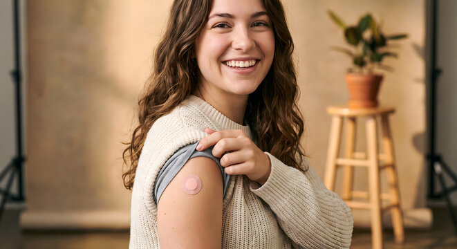 Smiling young woman showing adhesive bandage on her upper arm after getting vaccinated or receiving a shot at a healthcare clinic office.